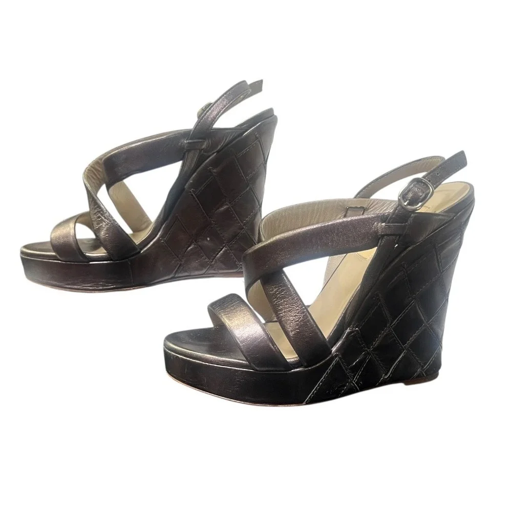 Valentino Garavani Womens 36 Metallic Bronze‎ Leather Quilted Platform Wedges